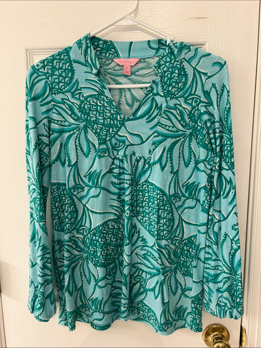 Lilly Pulitzer Teal Pineapple-Print V-Neck Long Sleeve Top